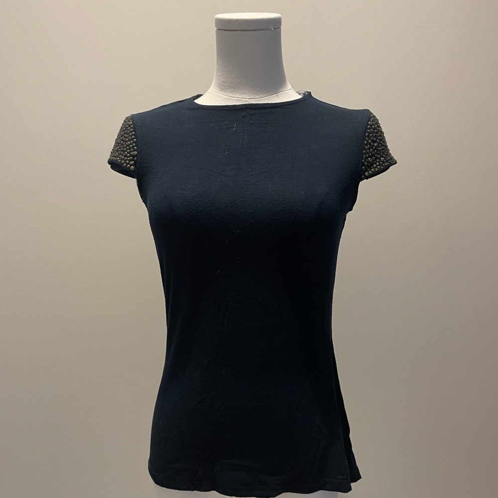 Bill Blass Black Short Sleeve Top with Embellished Shoulders